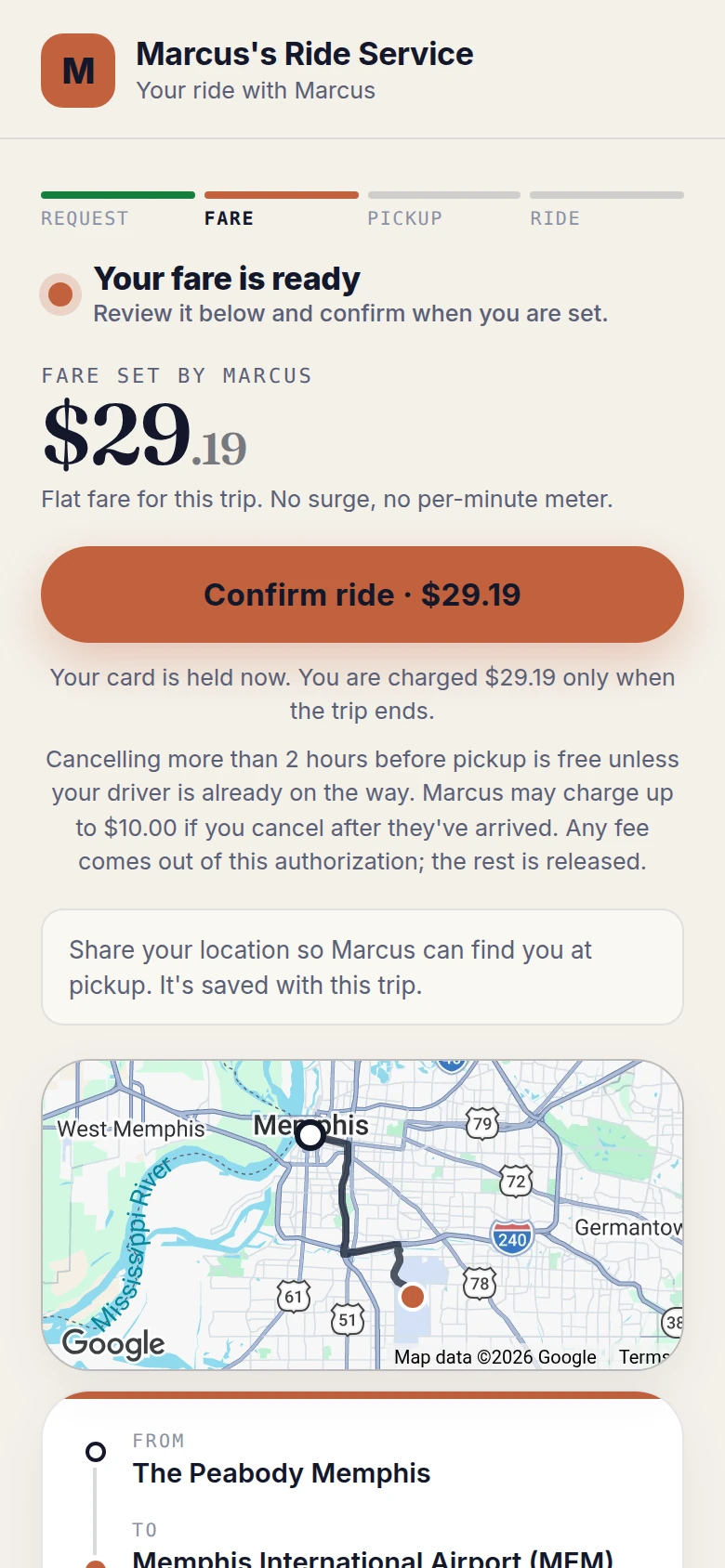 Your booking page: the rider sees a flat fare and confirms the ride