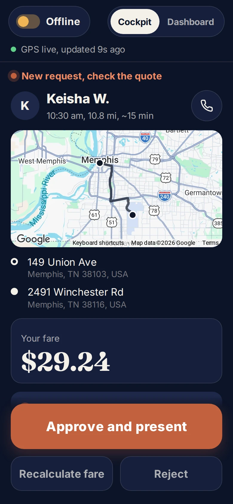 Driver quote approval: the trip map and the fare, ready to approve